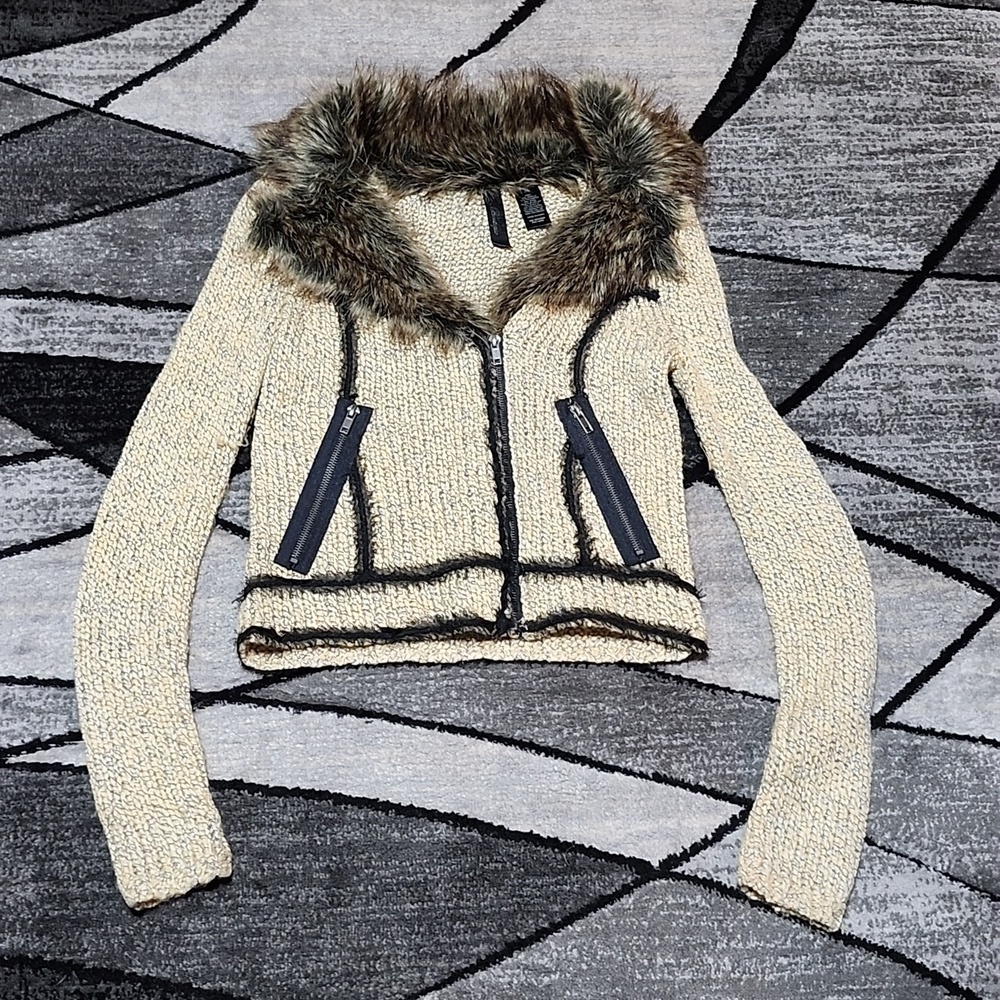 BKE BOUTIQUE KNIT FAUX-FUR FULL-ZIP CARDIGAN SWEATER JACKET XS